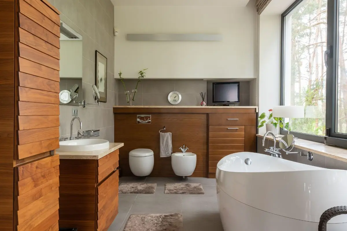 Bathroom styled with a warm, calming color palette