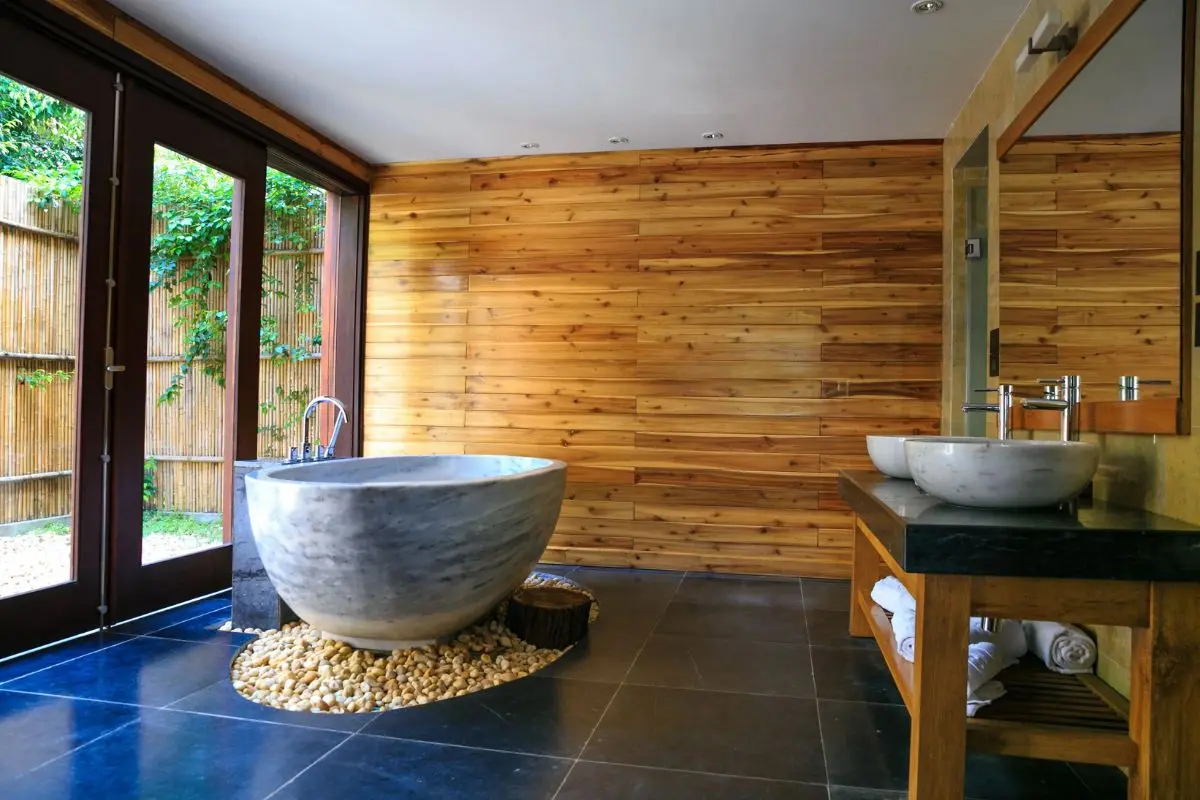 Spa-like bathroom with natural stone tub