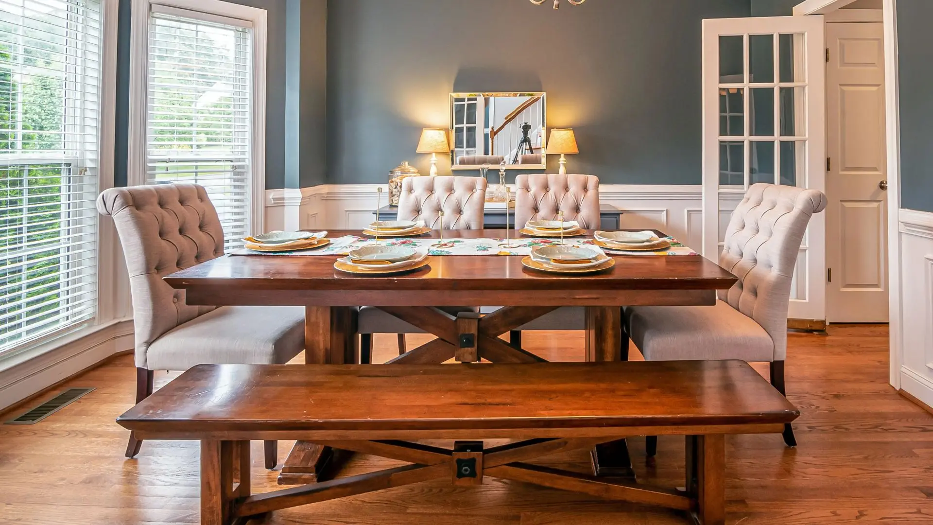 Cozy dining room styled with warm lighting