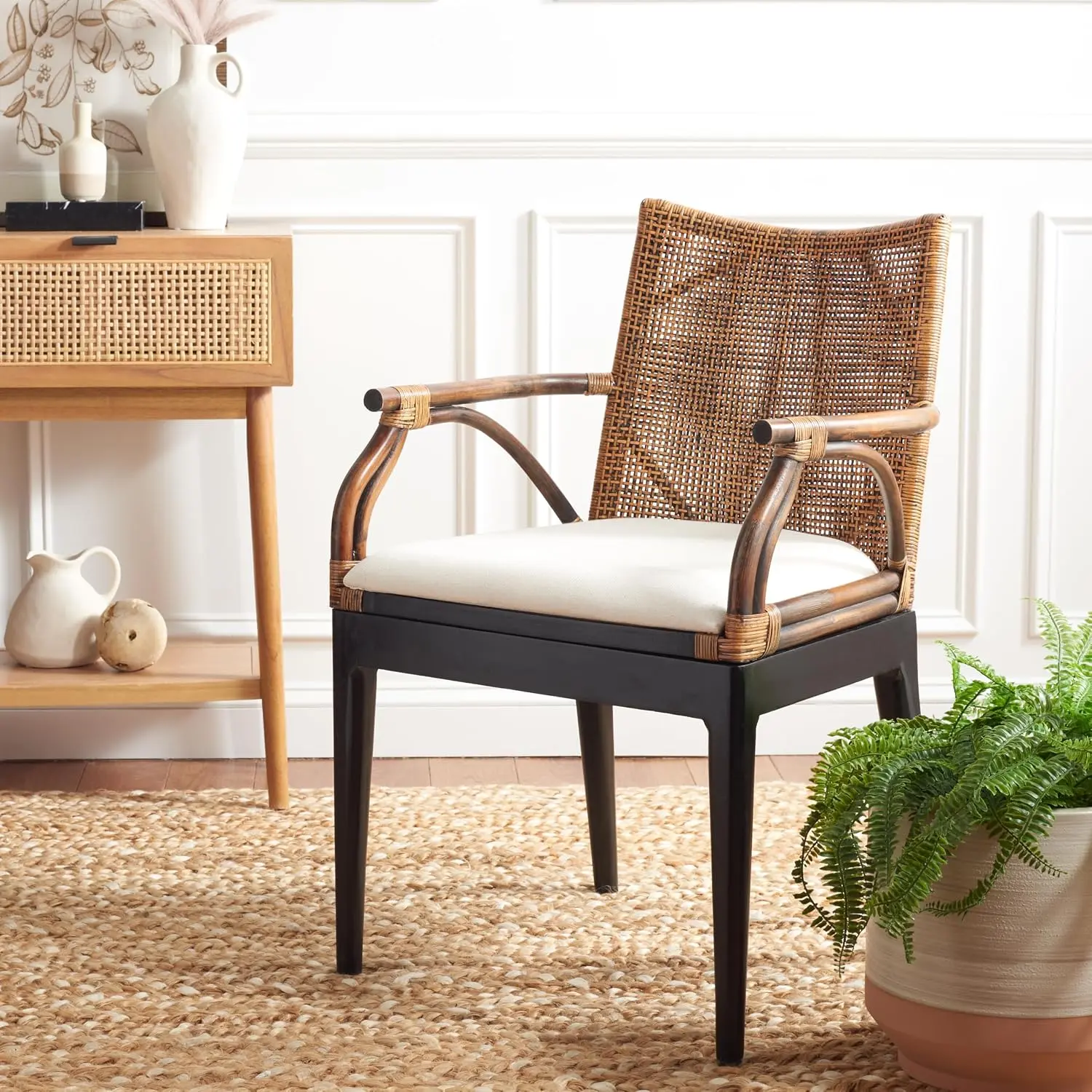 SAFAVIEH Gianni woven rattan and wood accent arm chair